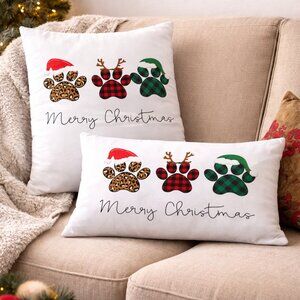 Christmas Paw Print Pillow Covers Set Buffalo Check Holiday Decor